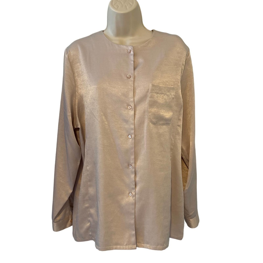 Kim Rogersโ Champagne Gold Metallic Shimmer Button Down Blouse Sz 14 Long Sleeve